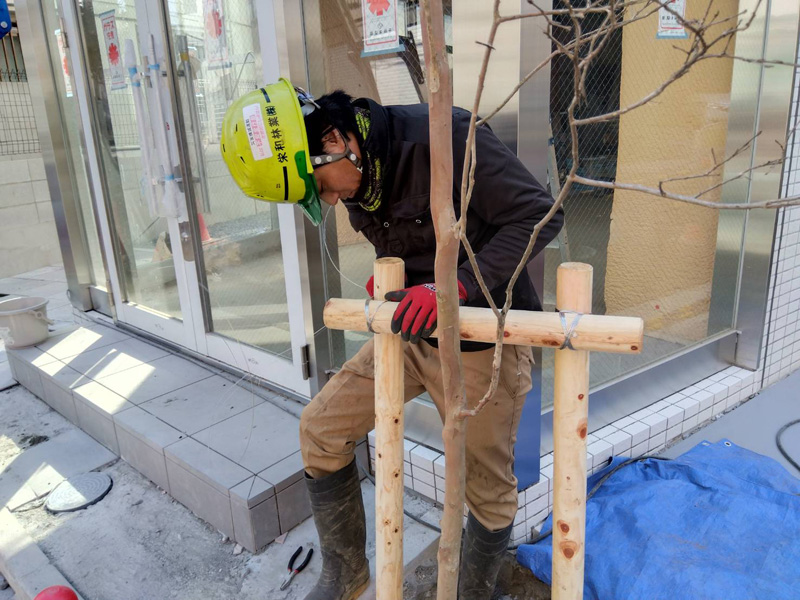 東京都新宿区 植栽工事 作業中